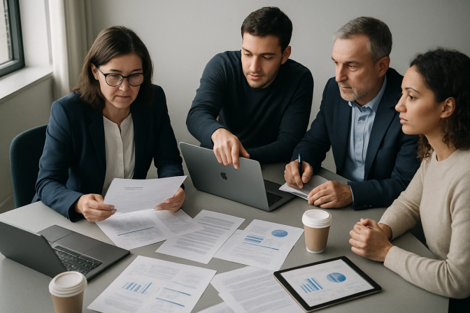 Diverse compliance team collaborating around a conference table reviewing audit documents and laptops