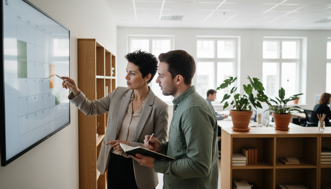 Two professionals in a modern office, one pointing at a wall-mounted calendar display while the other listens attentively.