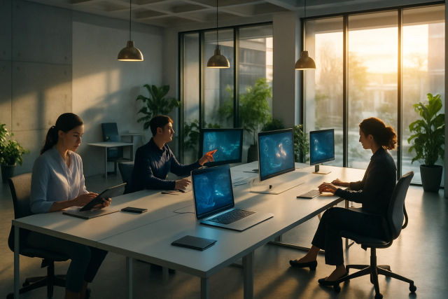 Professionals collaborating in a bright modern open-plan office with glowing screens and large windows