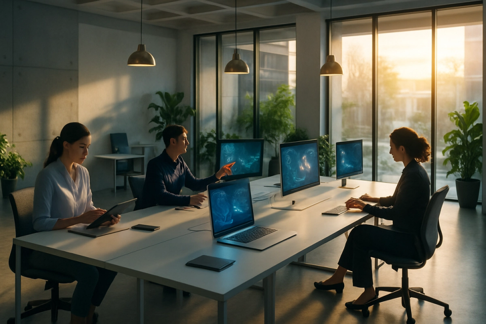 Professionals collaborating in a bright modern open-plan office with glowing screens and large windows