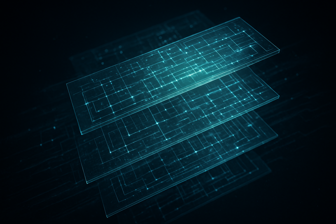 Abstract layered digital grid with glowing teal data streams on a dark background representing cybersecurity monitoring