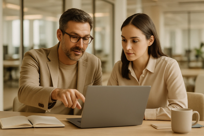 Executive and assistant collaborating at a modern office desk, reviewing a shared document on a laptop