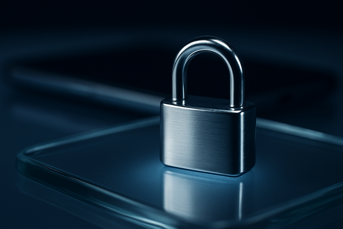 Silver padlock resting on a glass surface with a blurred smartphone in the background