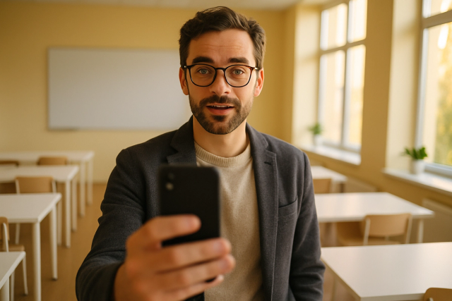 A teacher holding a smartphone in a bright, sunlit modern classroom with large windows and white desks.