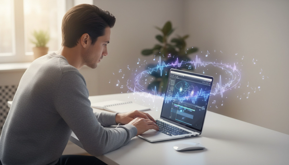 Professional working on a laptop at a modern desk with soft blue-purple ambient lighting