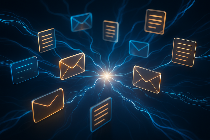 Glowing interconnected light threads flowing between abstract digital envelopes on a dark background