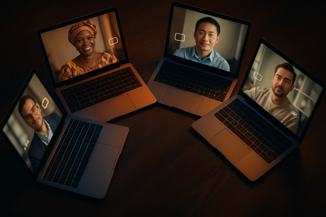 Multiple laptops in a circle showing diverse video call participants from different cultural backgrounds