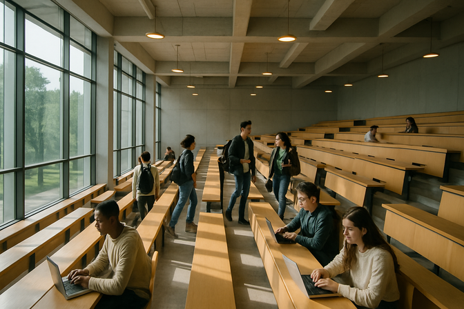 Students moving through a modern university lecture hall with large windows and tiered seating