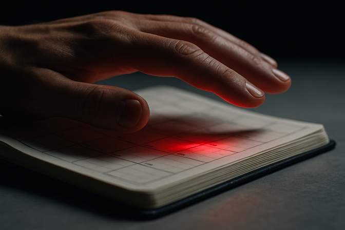 A hand hovering over an open desk calendar with a red warning glow emanating from the page