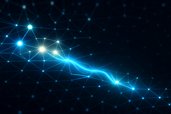 Abstract network of glowing nodes with a wave of blue light spreading across interconnected points on a dark background