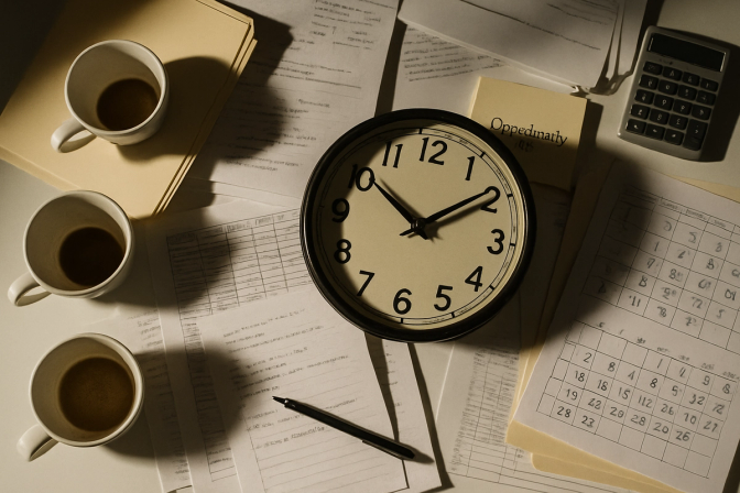 Klokke, dokumenter og kaffekopper på skrivebord som illustrerer tidsbruk og administrasjon.