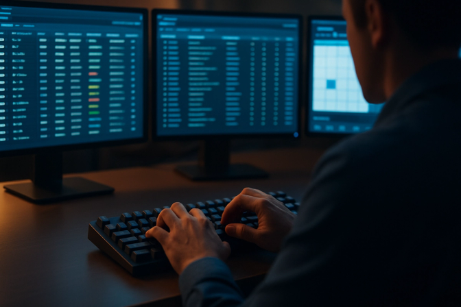IT administrator typing on a keyboard with multiple monitors displaying device management dashboards in the background
