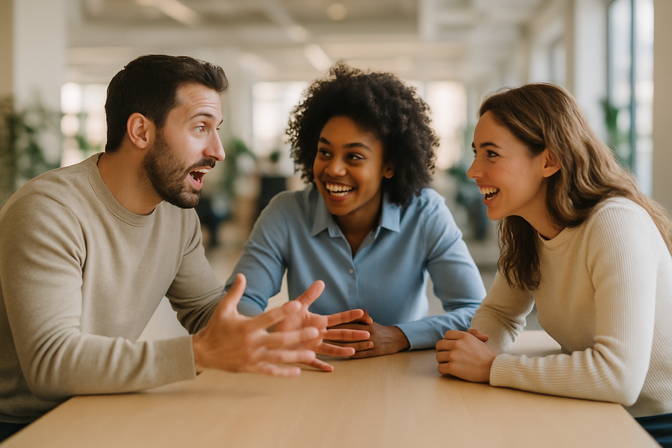 Three colleagues gathered around a table in a modern office, engaged in animated discussion.
