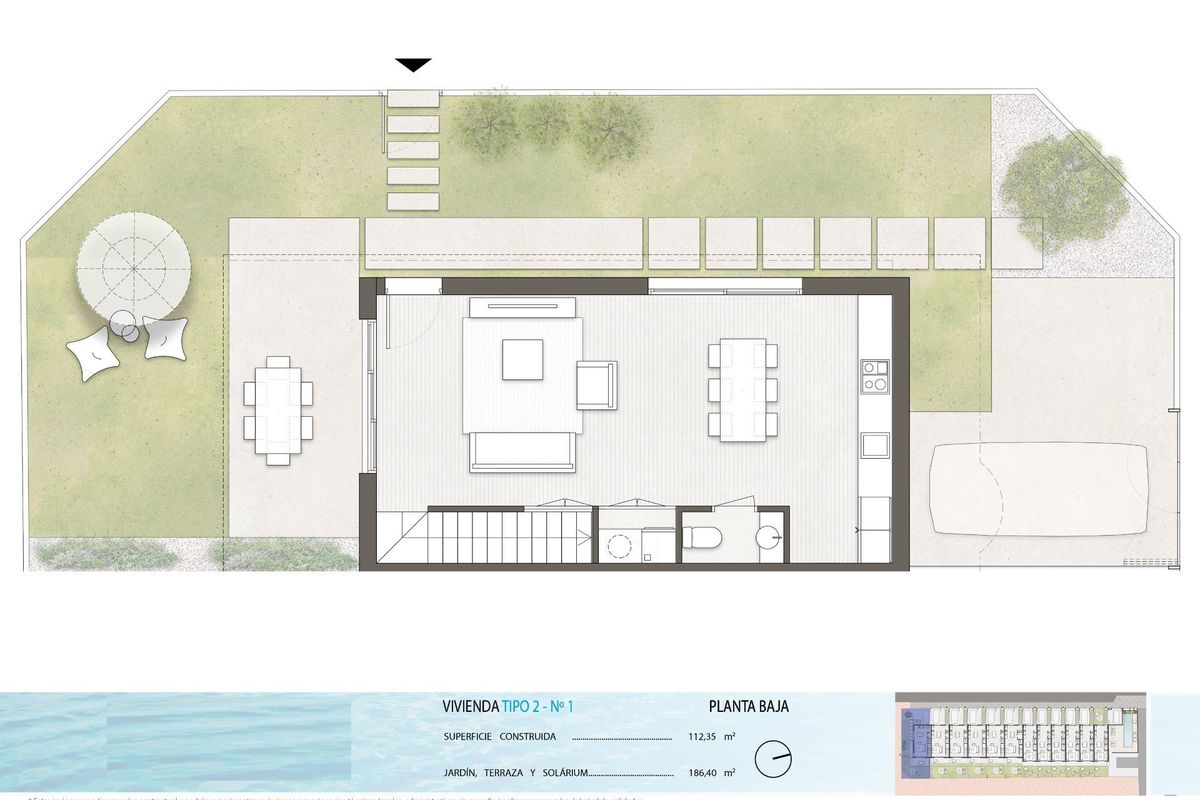 Gedetailleerde plattegrond van een 3-slaapkamer townhouse in Pilar de La Horadada, met indeling en buitenruimtes.