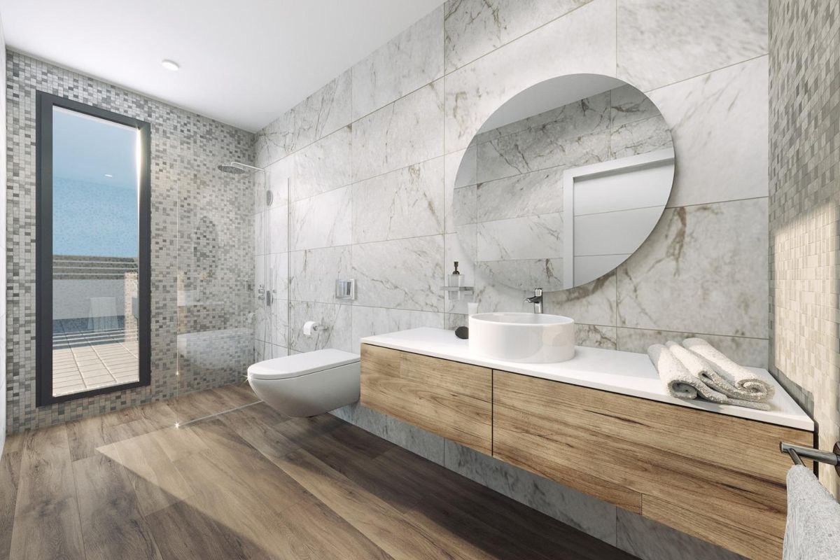 Strakke badkamerontwerp in een 3-slaapkamer villa, met luxe afwerkingen en veel natuurlijk licht.