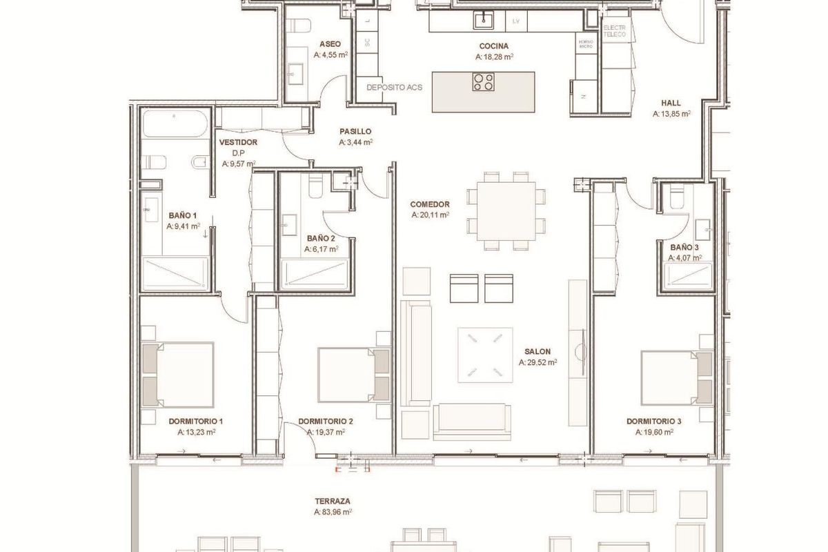 Plattegrond van een 4-slaapkamer appartement op de begane grond in Estepona, Costa del Sol, met indeling en afmetingen.