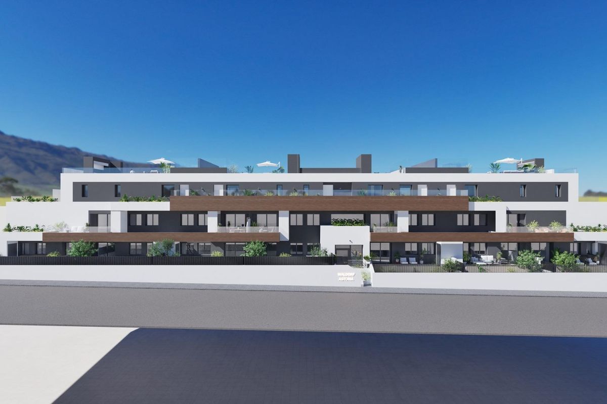Buitenzijde van een modern appartementengebouw met 3 slaapkamers in Benijofar, Costa Blanca Zuid, Spanje.