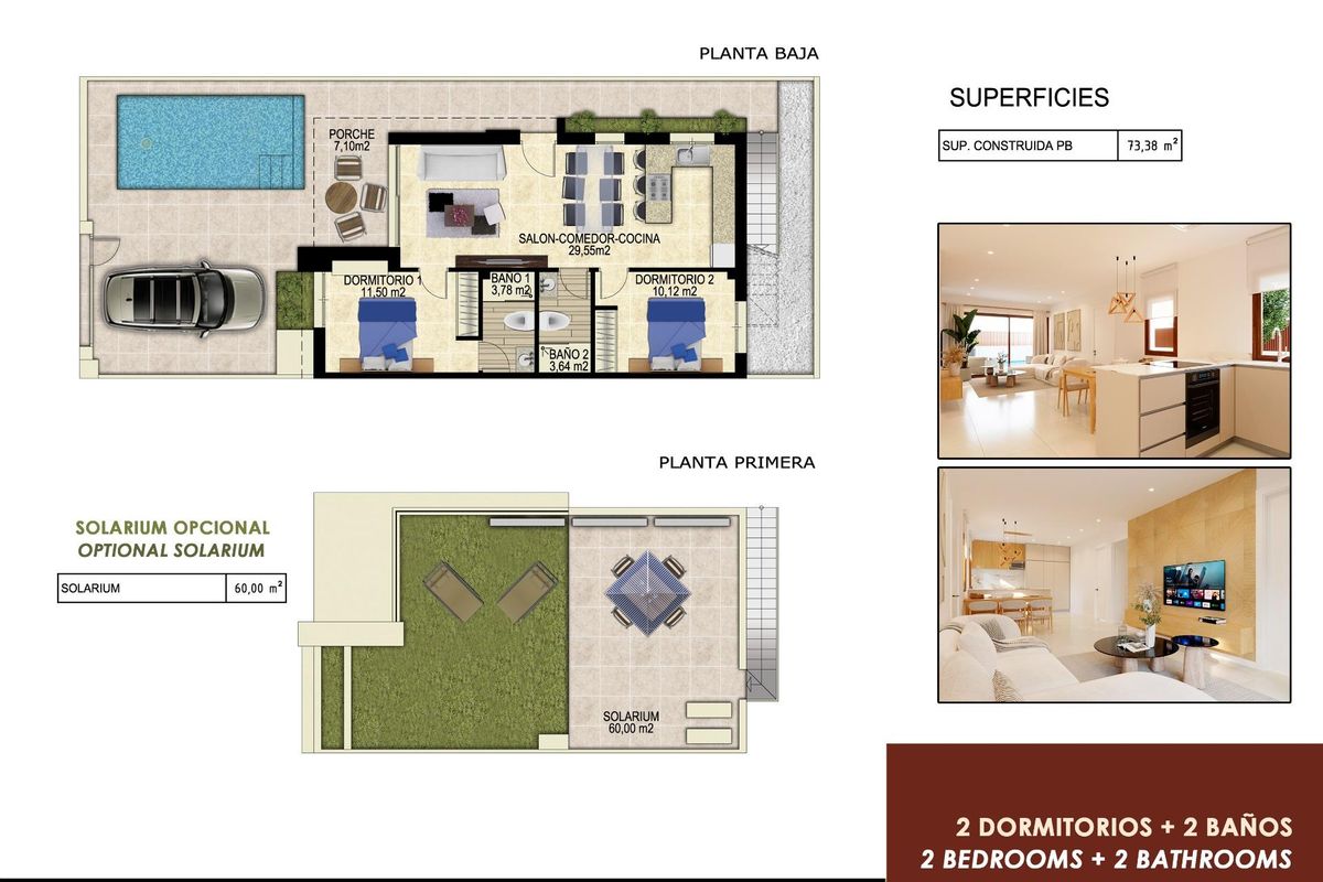Plattegrond van een 2-slaapkamer townhouse met kamers en zwembadindeling in Orihuela, Costa Blanca.