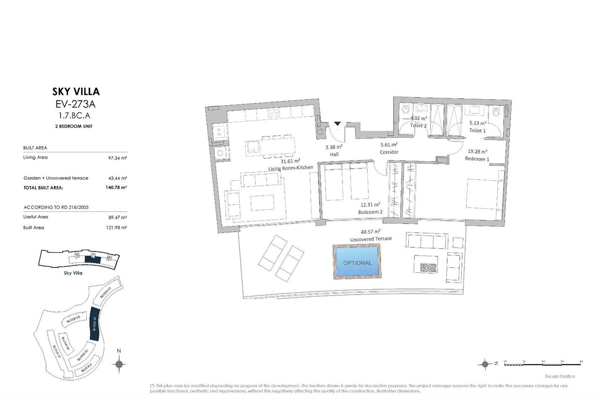 Plattegrond van een 2-slaapkamer penthouse in Fuengirola, met een ruime woonkamer en terras.