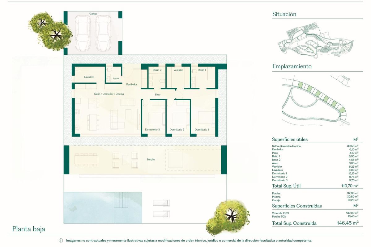 Gedetailleerde plattegrond van de indeling van een 3-slaapkamer villa, met kamerverdelingen in Fuente Álamo, Costa Calida, Spanje.