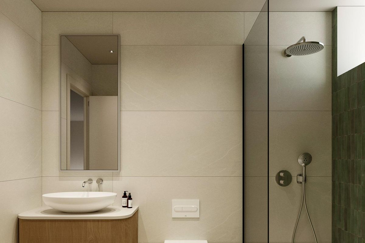 Moderne badkamer met een strakke uitstraling en natuurlijke materialen in een villa in Polop, Costa Blanca Noord.