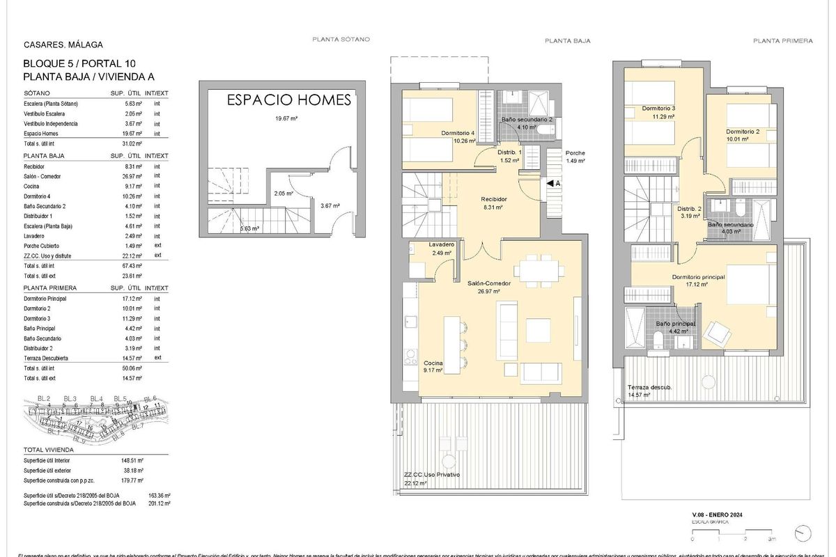 Gedetailleerde plattegrond van een 4-slaapkamer gelijkvloers appartement in Casares, Costa del Sol.