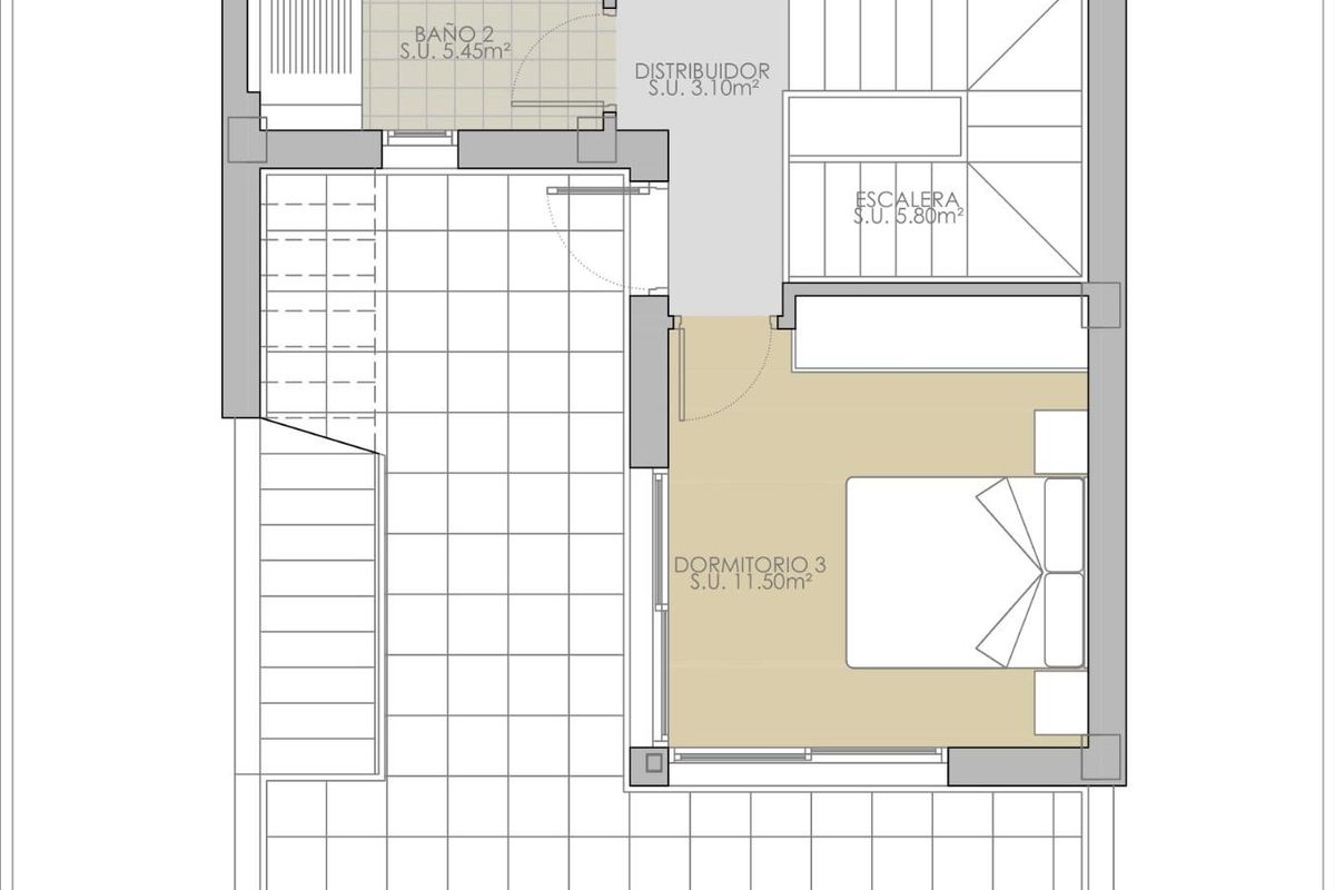 Gedetailleerde plattegrond van een 3-slaapkamer herenhuis in Rojales, met nadruk op ruimtelijke indeling en afmetingen.