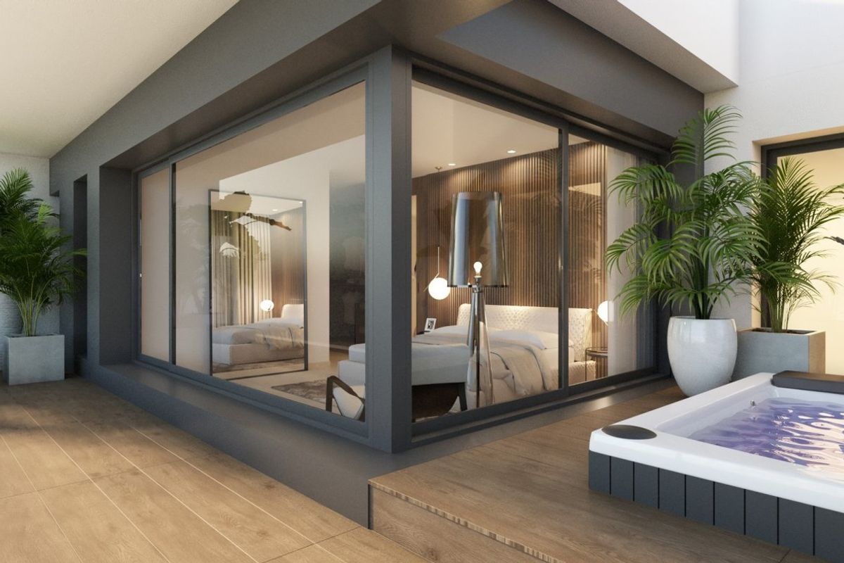 Gezellige buiten terras van de villa in Algorfa, creëert een serene plek voor een ochtendkoffie of ontspanning.