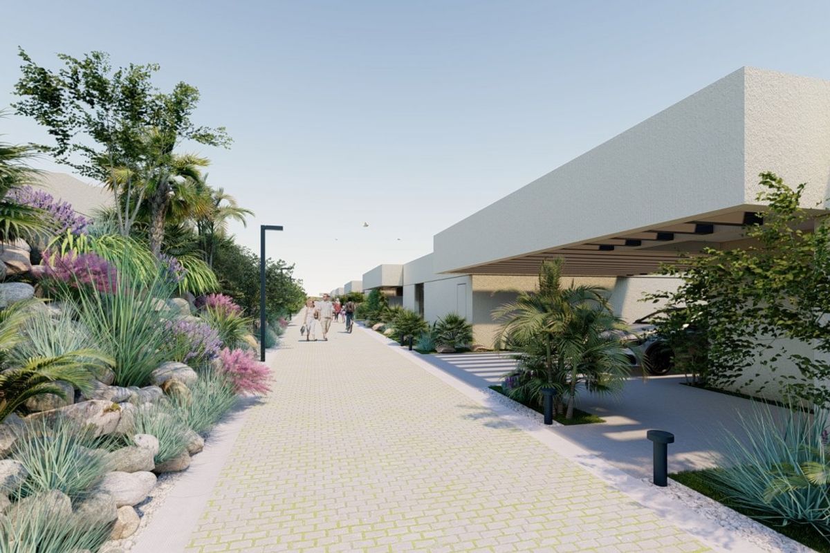 Schilderachtige pad dat naar de villa's leidt, omringd door groen in Baños y Mendigo.