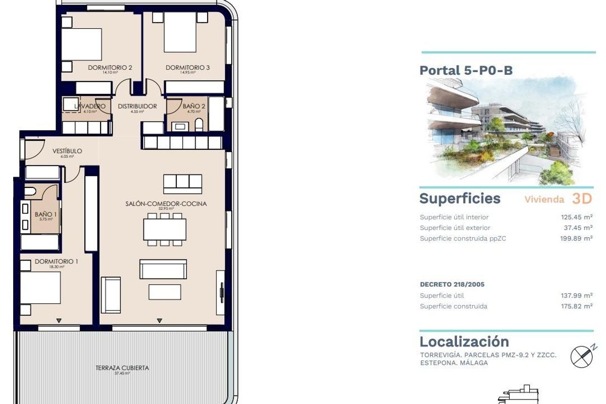 Plattegrond van een 3-slaapkamer appartement op de begane grond in Estepona, Costa del Sol, met indeling en afmetingen.