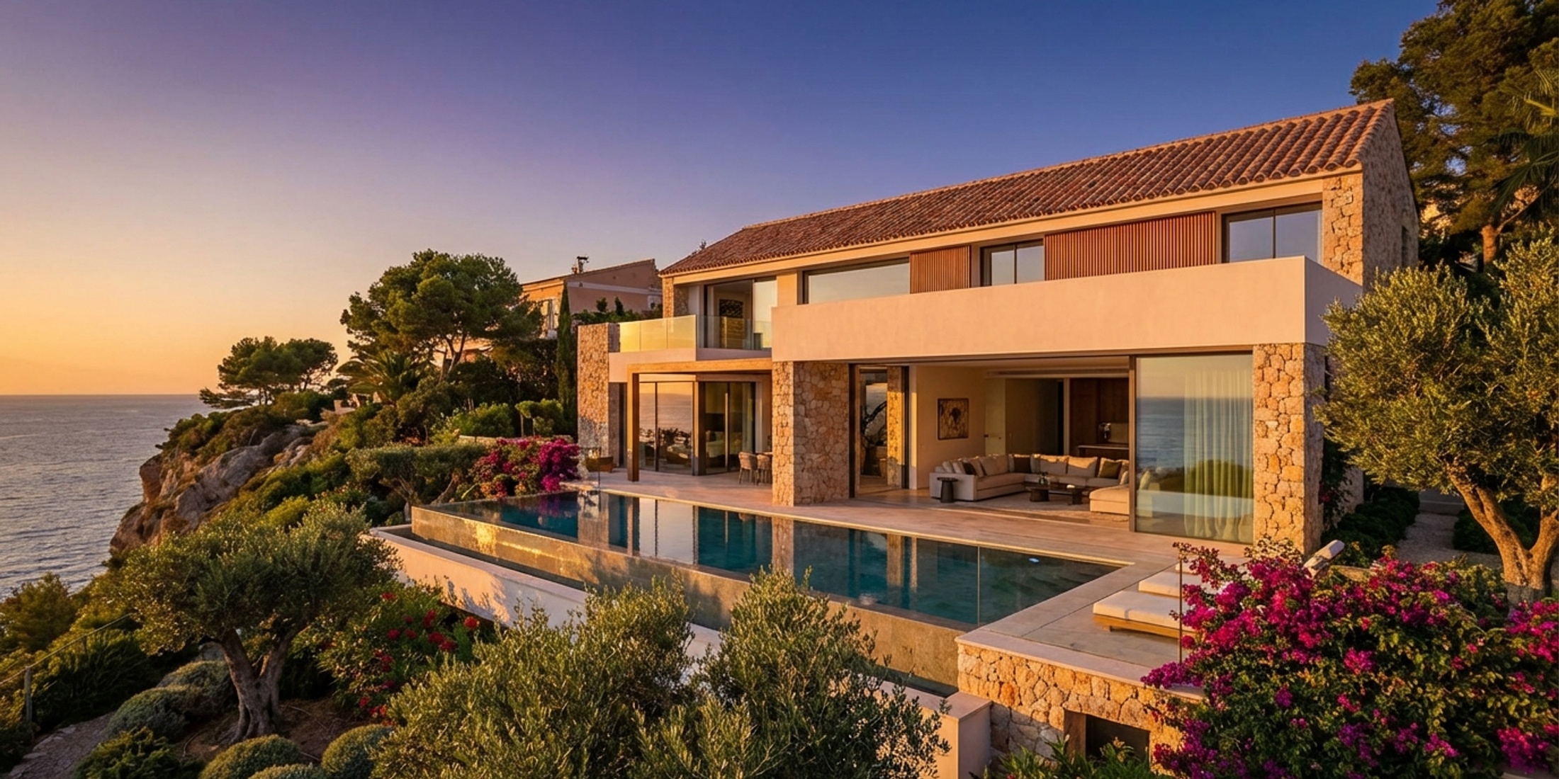 Luxe moderne villa in Spanje met uitzicht op de Middellandse Zee bij zonsondergang