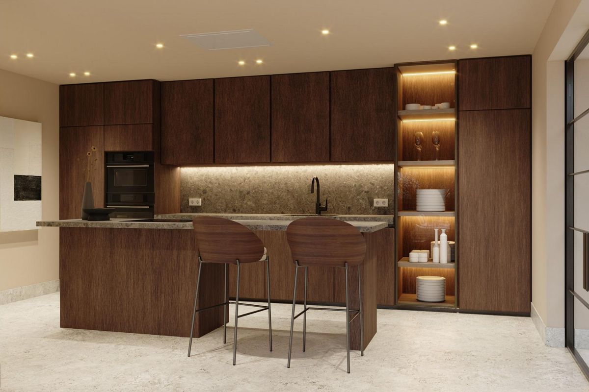 Strakke keuken in de 3-slaapkamer villa in Mojacar, met moderne apparatuur en een stijlvol eiland.