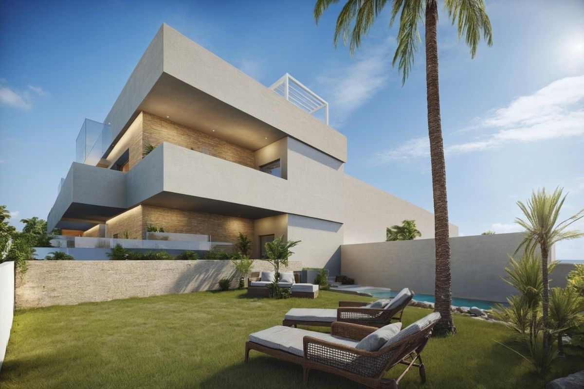 Achteraanzicht van een luxe appartementencomplex met tuin en zwembad in San Pedro del Pinatar, Spanje.