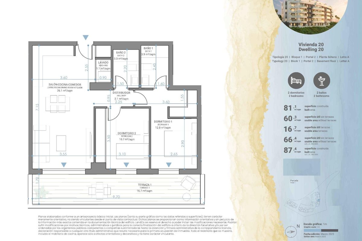 Plattegrond van een 2-slaapkamer appartement op de begane grond in Mijas, met woonruimtes en afmetingen.