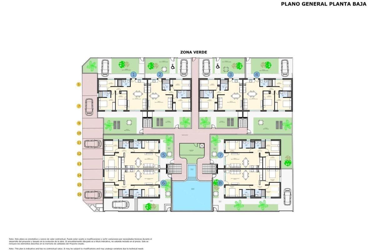 Plattegrond van een 3-slaapkamer appartement op de begane grond in Pilar de La Horadada, met indeling en gemeenschappelijke ruimtes.