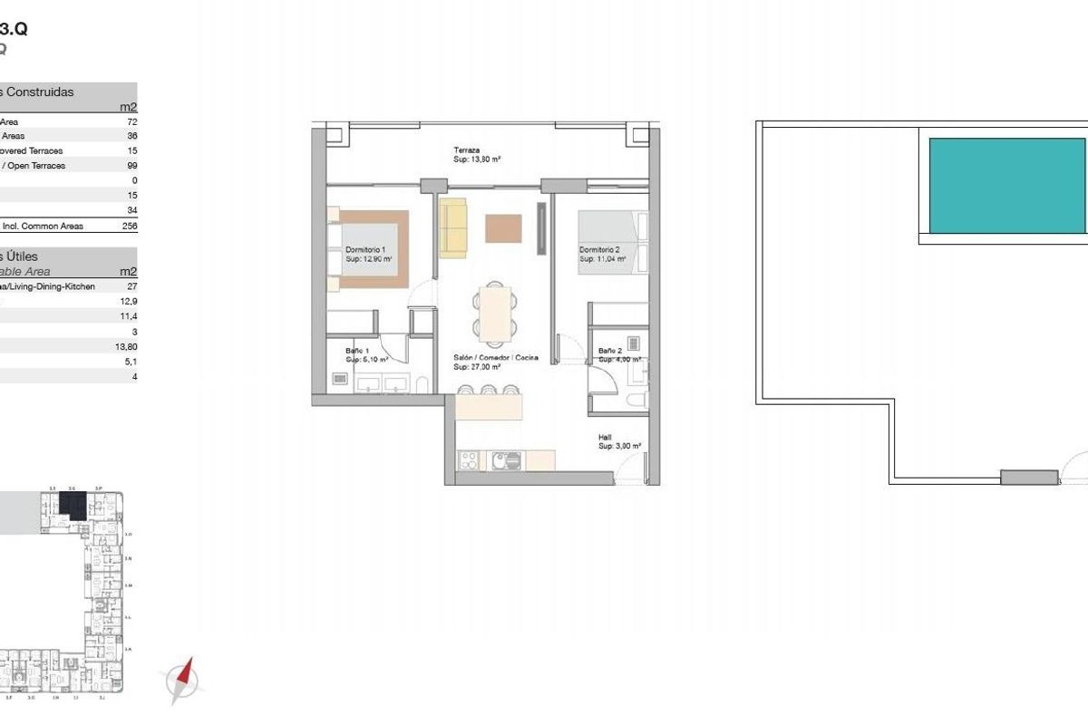 Plattegrond van een 2-slaapkamer penthouse met een terras en een open woonruimte, gelegen in San Pedro De Alcantara.