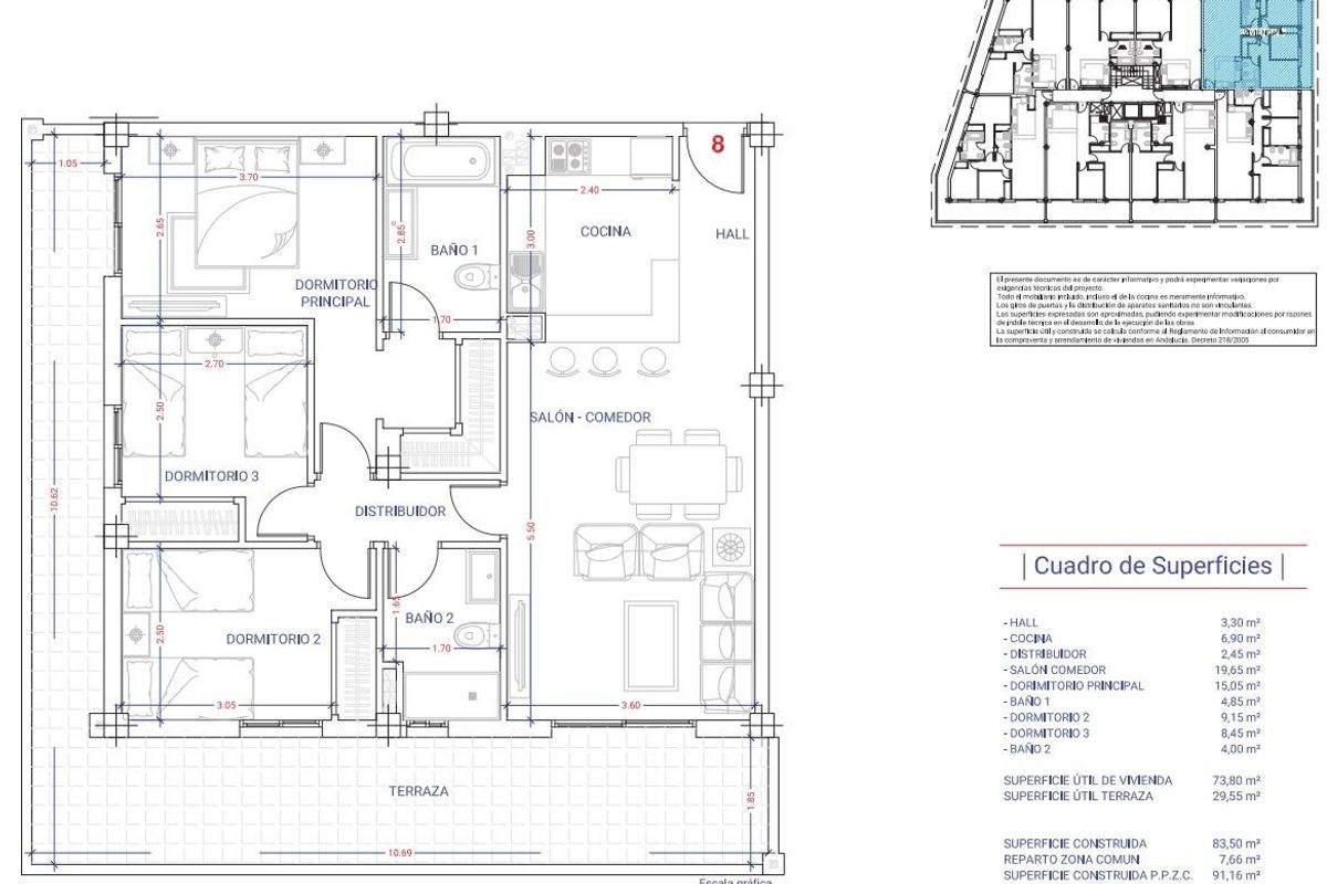 Plattegrond van een 3-slaapkamer appartement in Fuengirola, met een woonkamer en terras.