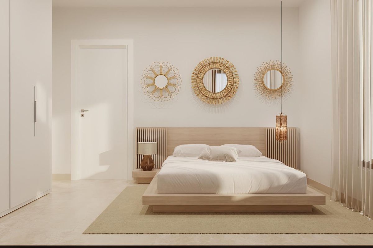 Heldere en moderne slaapkamer met stijlvolle decoraties in een 3-slaapkamer appartement in Vera, Costa de Almeria.