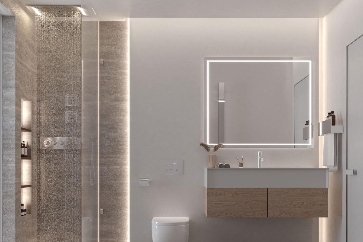 Modern badkamer met een strak ontwerp, inclusief een douche en houten kast, in een 5-slaapkamer villa in Mijas.