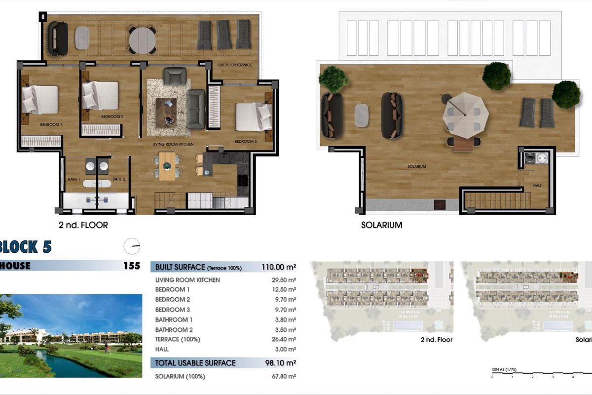 Plattegrond van een 3-slaapkamer penthouse in Los Alcazares, met details van woonruimtes en terras.