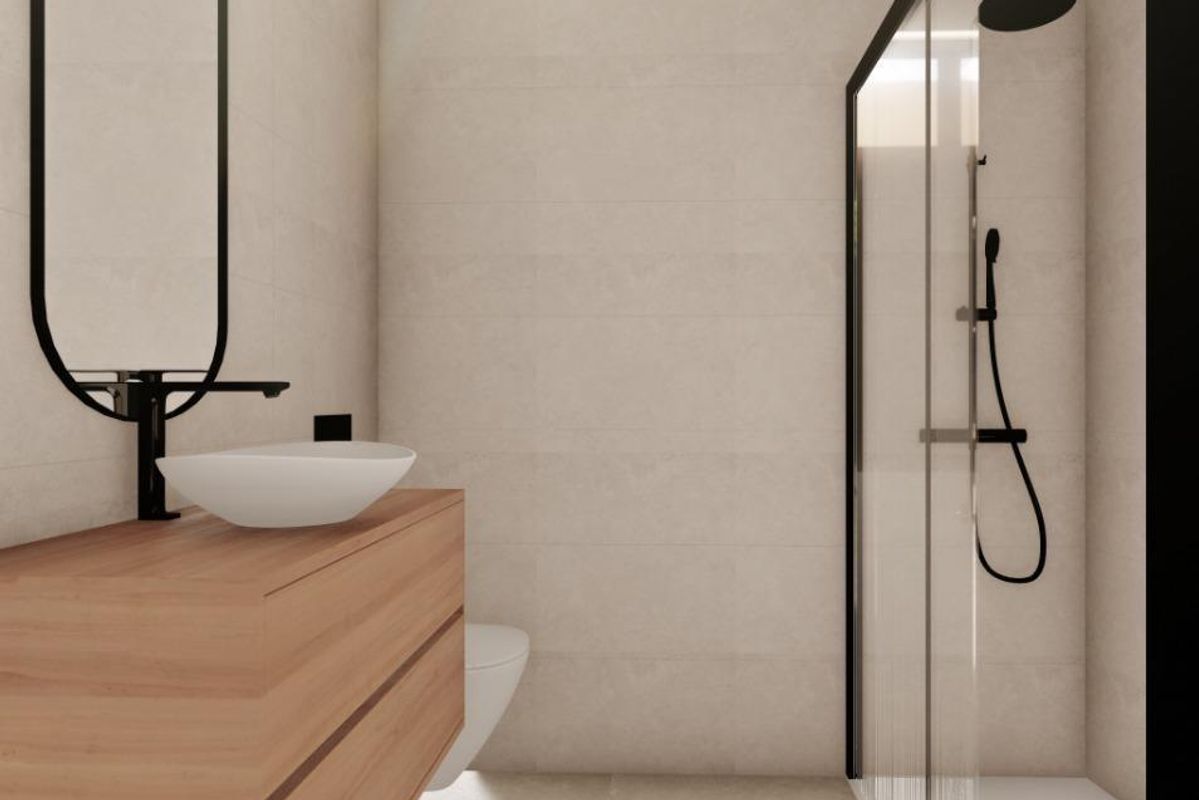 Moderne badkamer met stijlvolle armaturen en douche in een 2-slaapkamerappartement in Guardamar del Segura.