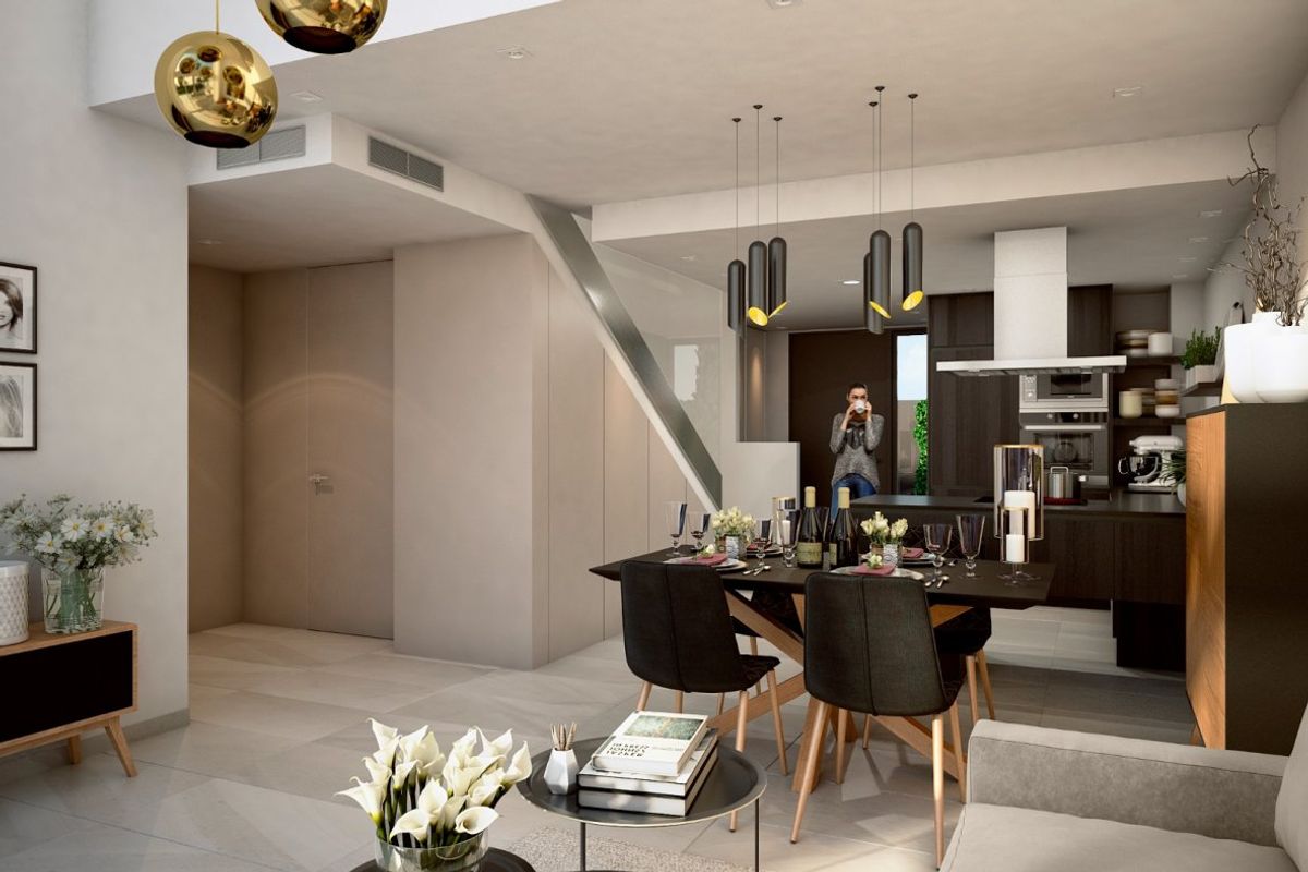 Elegante eetruimte met uitzicht in een moderne 3-slaapkamer townhouse in Algorfa, Costa Blanca Zuid.