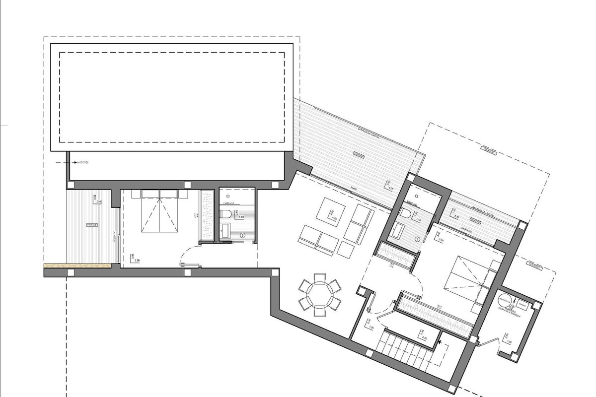Gedetailleerd interieur vloerplan dat een ruime indeling toont voor een villa in Benitachell met drie slaapkamers.