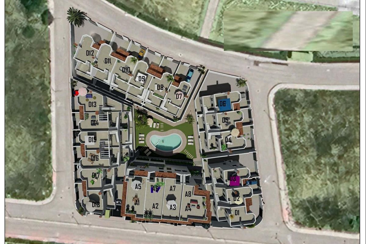 Luchtfoto van de indeling van het eigendom, met woningen en een gemeenschappelijk zwembad in Cox, Costa Blanca Zuid.