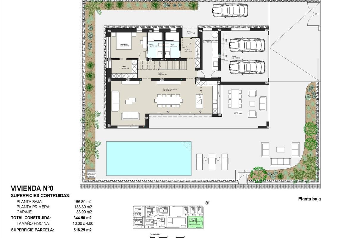 Plattegrond van een 5-slaapkamer villa met zwembad in Pilar de La Horadada, met ruime woonruimtes en buitenruimte.