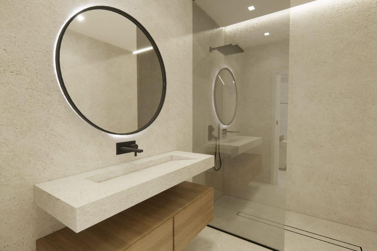 Een ander uitzicht op de stijlvolle badkamer met moderne armaturen in een 1-slaapkamer appartement in Catral, Costa Blanca.