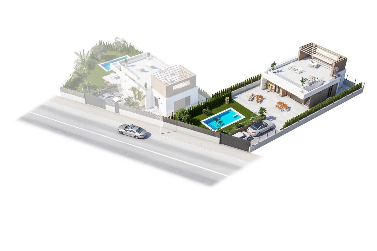 3D plattegrond van een 3-slaapkamer villa complex in Vera, Costa de Almeria, met buitenspaces.