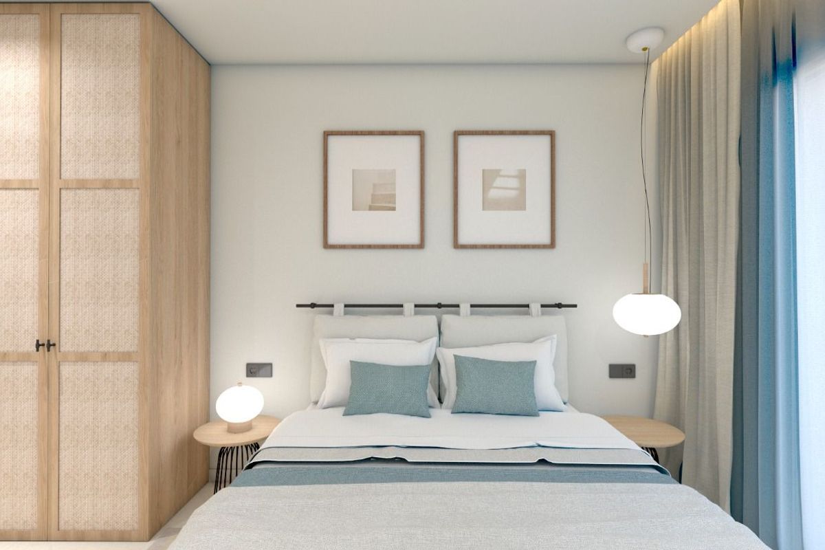 Stijlvolle slaapkamer in een 3-slaapkamer bungalow in Pilar de La Horadada, met modern design en veel opslagruimte.