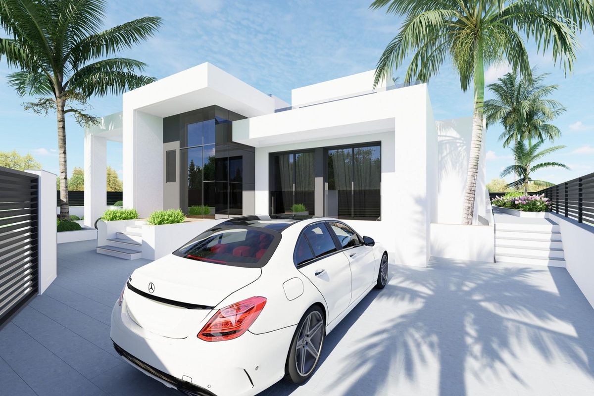 Moderne 5-slaapkamers villa in Los Alcazares, met een strak exterieur, garage en tropische beplanting.