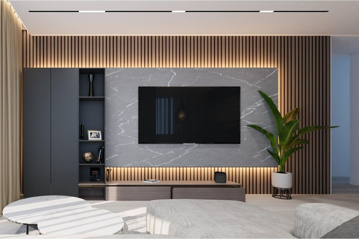Contemporary woonkamerinrichting met een tv en verlichting in een appartement met 1 slaapkamer in Torrevieja, Costa Blanca.